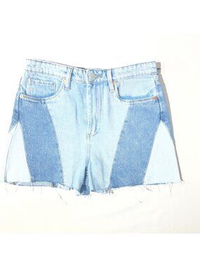 Blanknyc The Reeve High-Rise Ribcage Patchwork Denim Shorts Light/Dark Blue 27